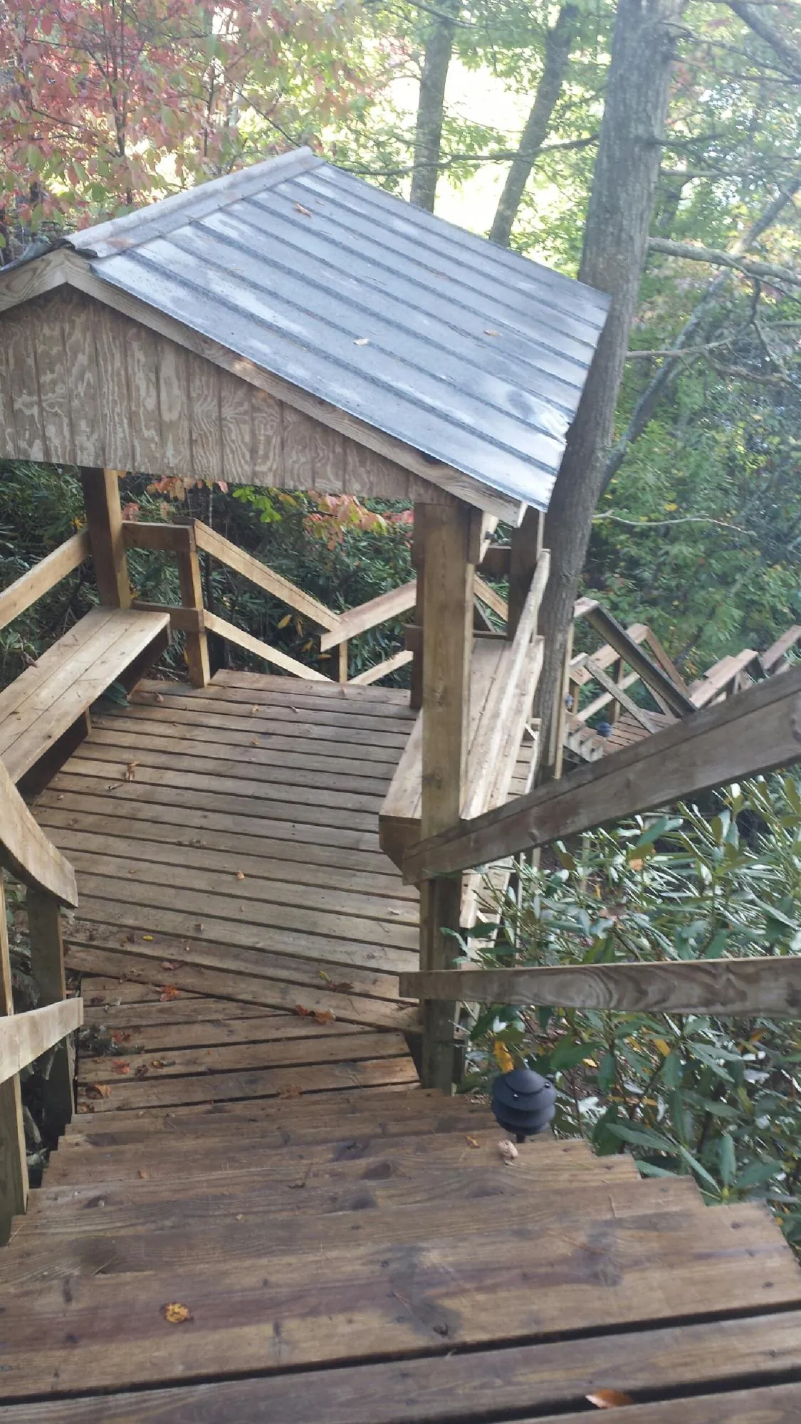 Metal roofed shelter over wooden steps on a wooded walkway — Skylight Repair & Installation work by our crew in Otis Orchards
